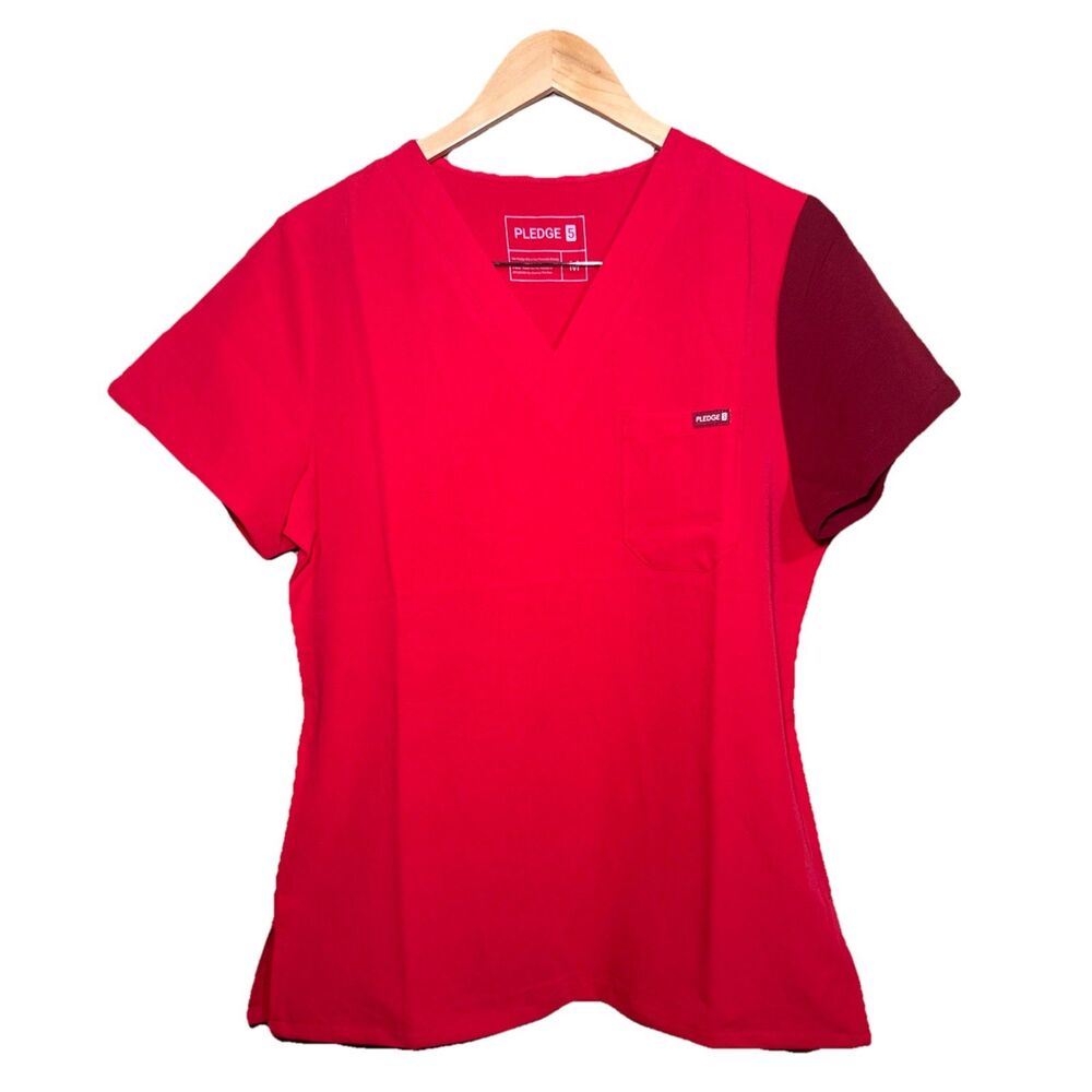 NWT Pledge 5 Red Burgundy V Neck Scrub Nurse Medical Top Shirt - Med - Lot Of 2